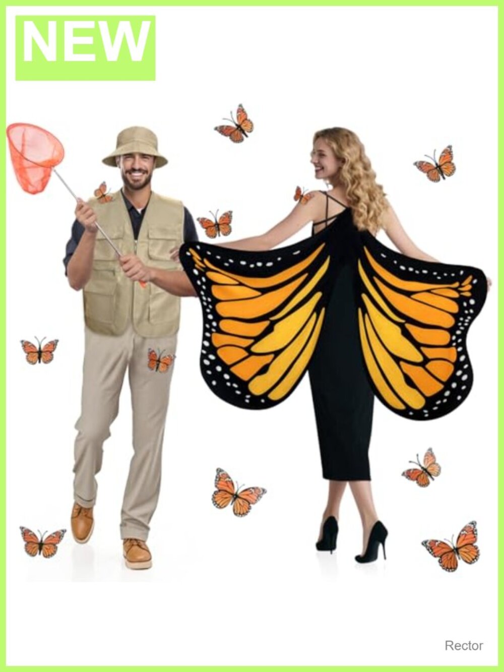 Butterfly Catcher Couple Costume Set Monarch Wings Net Vest Hat Adult Halloween